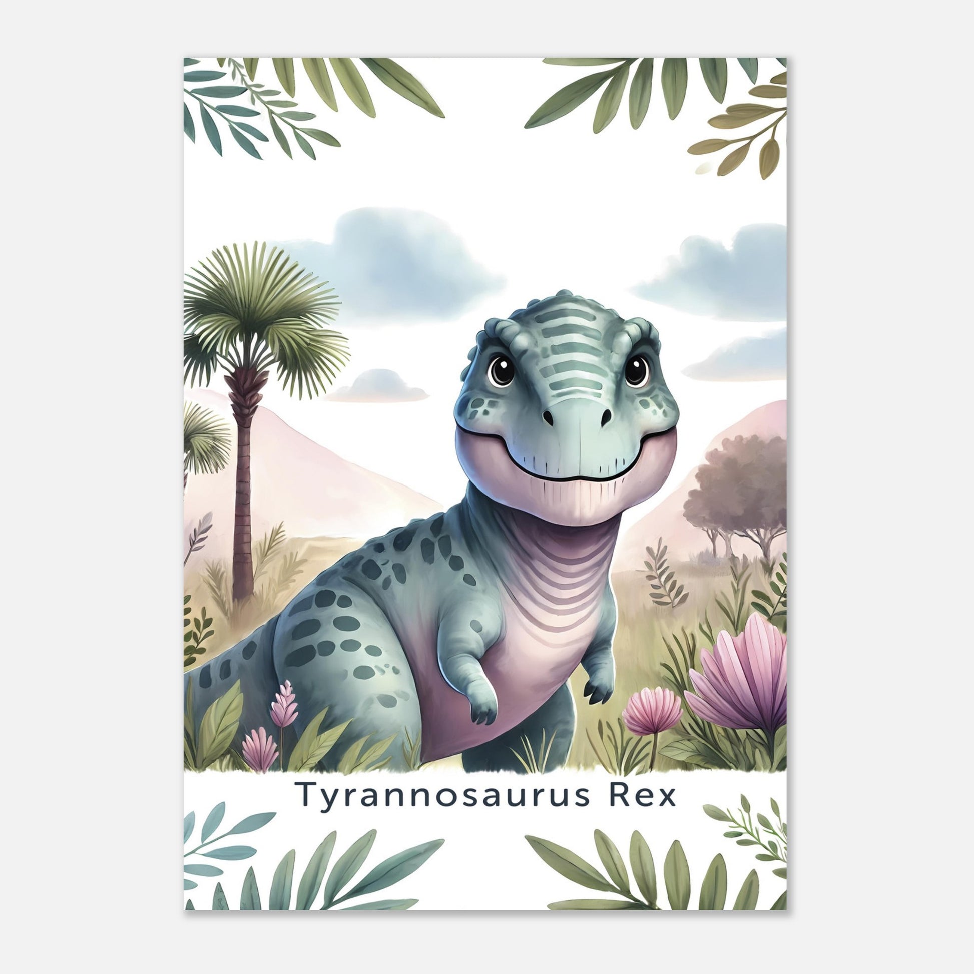 Fröhlicher Tyrannosaurus Rex Dinosaurier auf einem Poster für Kinderzimmer, ideal für Jungen und Mädchen, erhältlich in den Größen 15x20cm, DIN A4 und DIN A3 und 30x 40cm, perfekt als Wandkunst und Deko Bild zum aufhängen.