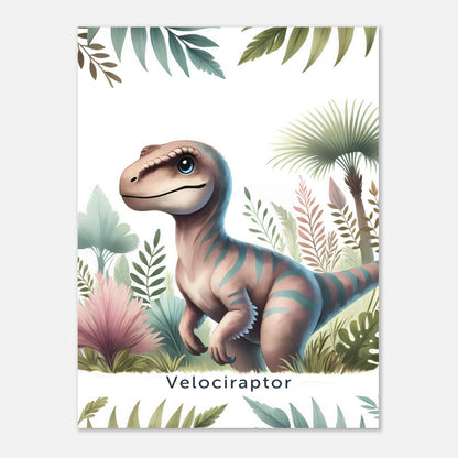 Fröhlicher Velociraptor Dinosaurier auf einem Poster für Kinderzimmer, ideal für Jungen und Mädchen, erhältlich in den Größen 15x20cm, DIN A4 und DIN A3 und 30x 40cm, perfekt als Wandkunst und Deko Bild zum aufhängen.