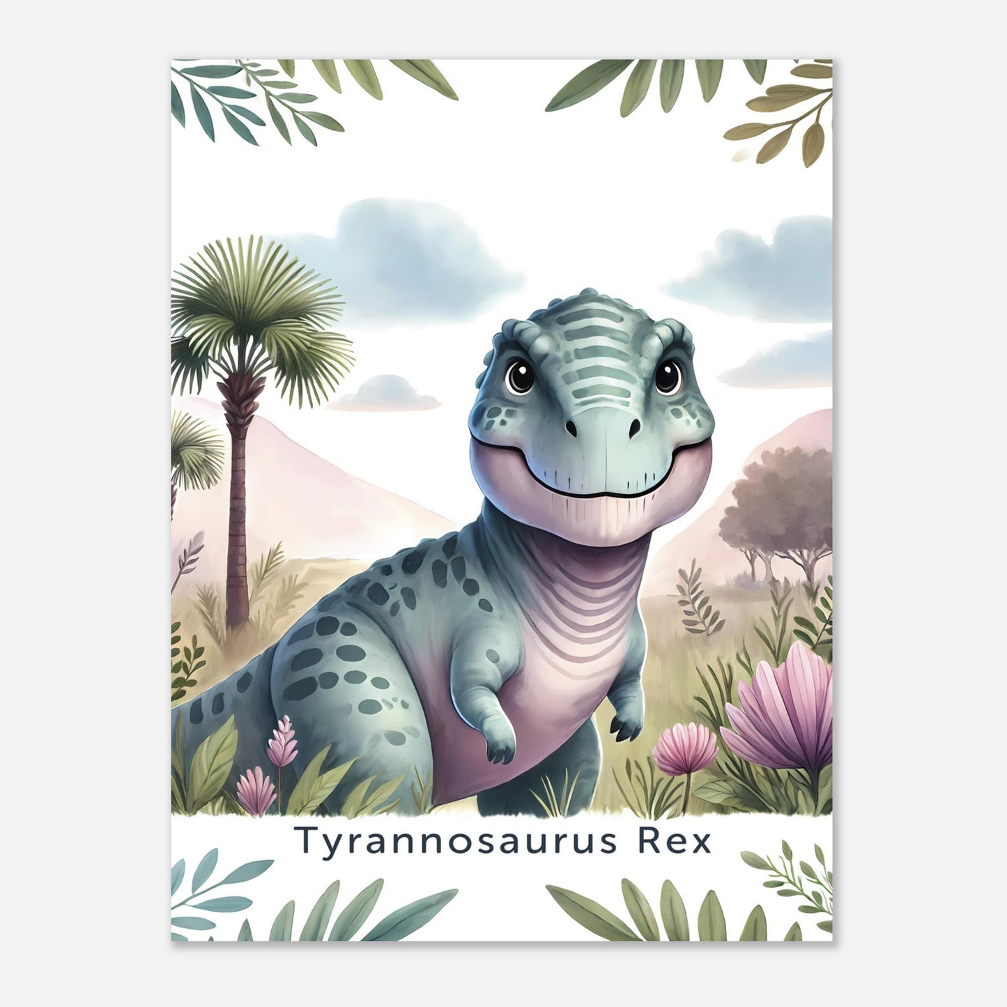 Fröhlicher Tyrannosaurus Rex Dinosaurier auf einem Poster für Kinderzimmer, ideal für Jungen und Mädchen, erhältlich in den Größen 15x20cm, DIN A4 und DIN A3 und 30x 40cm, perfekt als Wandkunst und Deko Bild zum aufhängen.