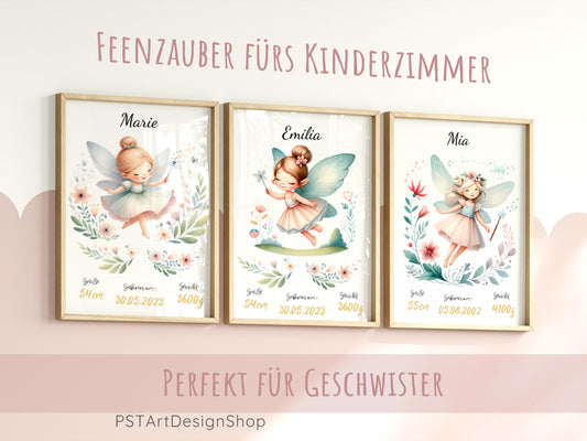 Personalisiertes Geburtsdatenposter Feenposter- Babyposter alle wichtigen Geburtsdaten – Name, Datum, Größe und Gewicht – in einem liebevoll gestalteten Design. PSTArtDesignShop