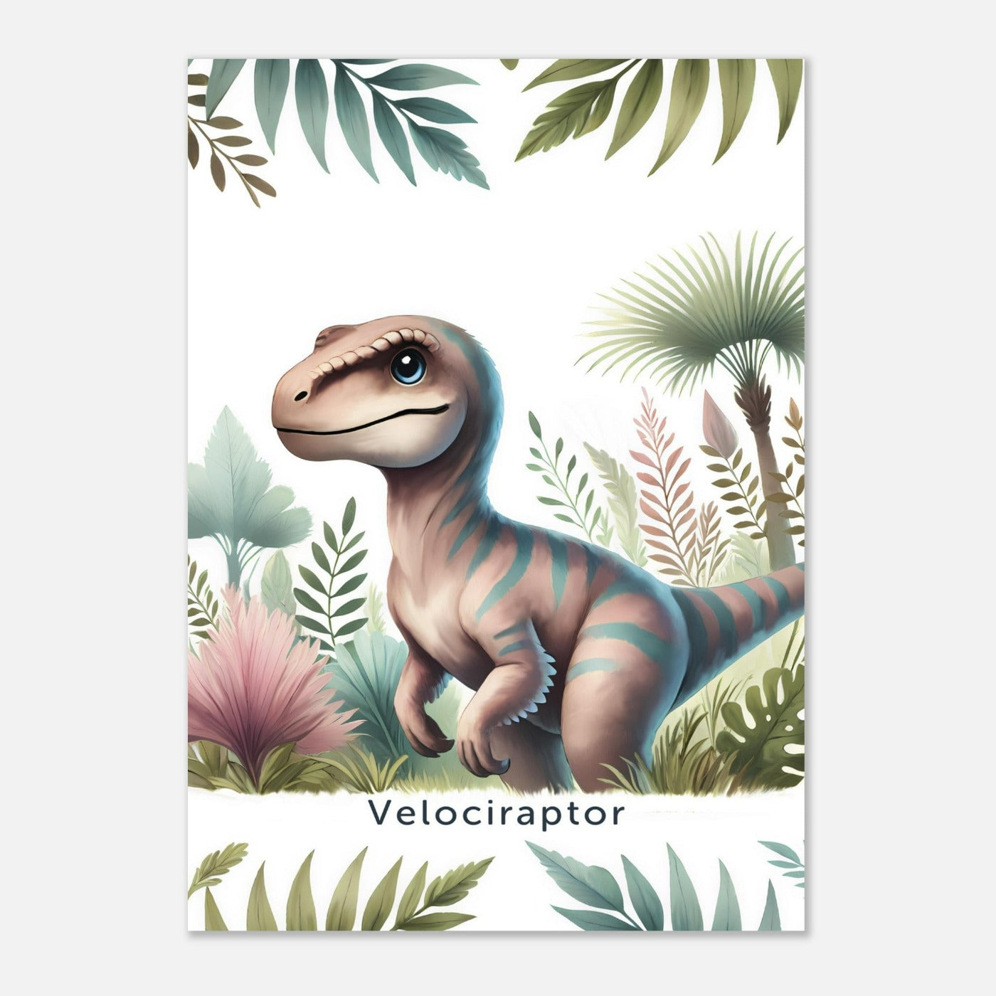 Fröhlicher Velociraptor Dinosaurier auf einem Poster für Kinderzimmer, ideal für Jungen und Mädchen, erhältlich in den Größen 15x20cm, DIN A4 und DIN A3 und 30x 40cm, perfekt als Wandkunst und Deko Bild zum aufhängen.