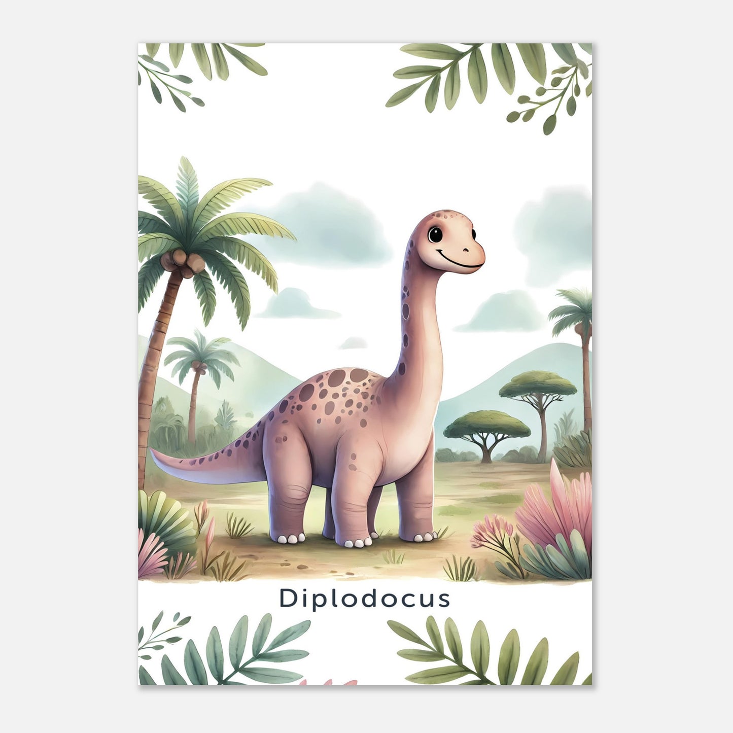 Fröhlicher Diplodocus Dinosaurier auf einem Poster für Kinderzimmer, ideal für Jungen und Mädchen, erhältlich in den Größen 15x20cm, DIN A4 und DIN A3 und 30x 40cm, perfekt als Wandkunst und Deko Bild zum aufhängen.