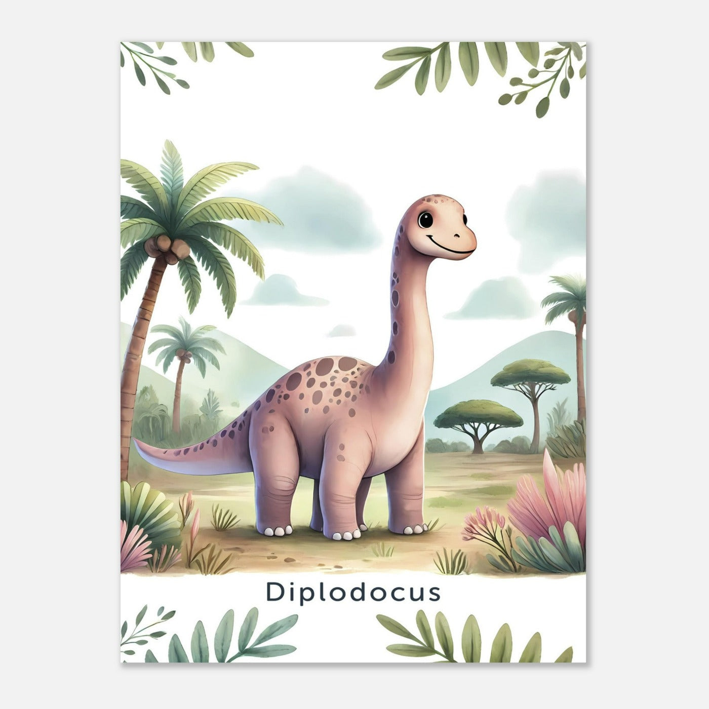 Fröhlicher Diplodocus Dinosaurier auf einem Poster für Kinderzimmer, ideal für Jungen und Mädchen, erhältlich in den Größen 15x20cm, DIN A4 und DIN A3 und 30x 40cm, perfekt als Wandkunst und Deko Bild zum aufhängen.