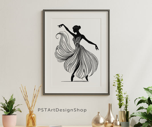  "Elegante Ballerina Silhouette", minimalistischen Tanzkunst in Schwarz-Weiß. Dieses kunstvolle Wandbild verkörpert die Anmut und Eleganz des Balletts und ist ein unverzichtbares Stück für jede moderne Wohnzimmerdekoration.