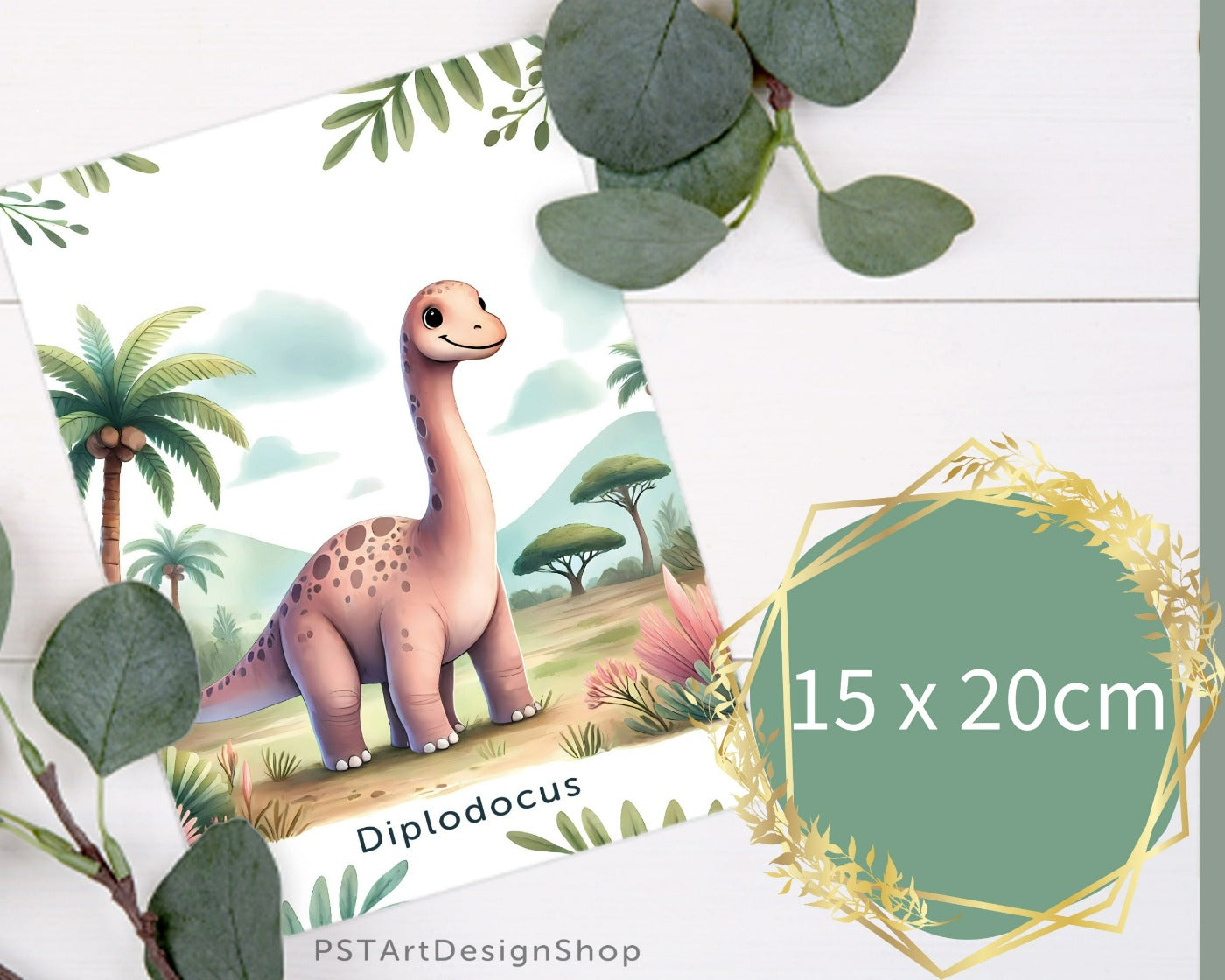 Fröhlicher Diplodocus Dinosaurier auf einem Poster für Kinderzimmer, ideal für Jungen und Mädchen, erhältlich in den Größen 15x20cm, DIN A4 und DIN A3 und 30x 40cm, perfekt als Wandkunst und Deko Bild zum aufhängen.