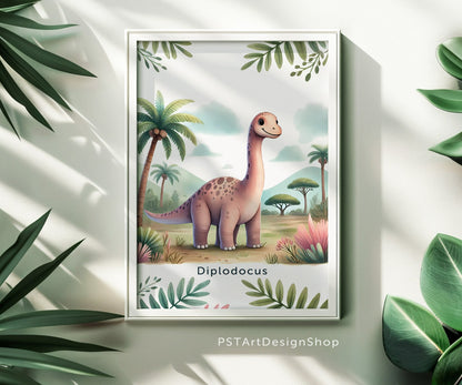 Fröhlicher Diplodocus Dinosaurier auf einem Poster für Kinderzimmer, ideal für Jungen und Mädchen, erhältlich in den Größen 15x20cm, DIN A4 und DIN A3 und 30x 40cm, perfekt als Wandkunst und Deko Bild zum aufhängen.