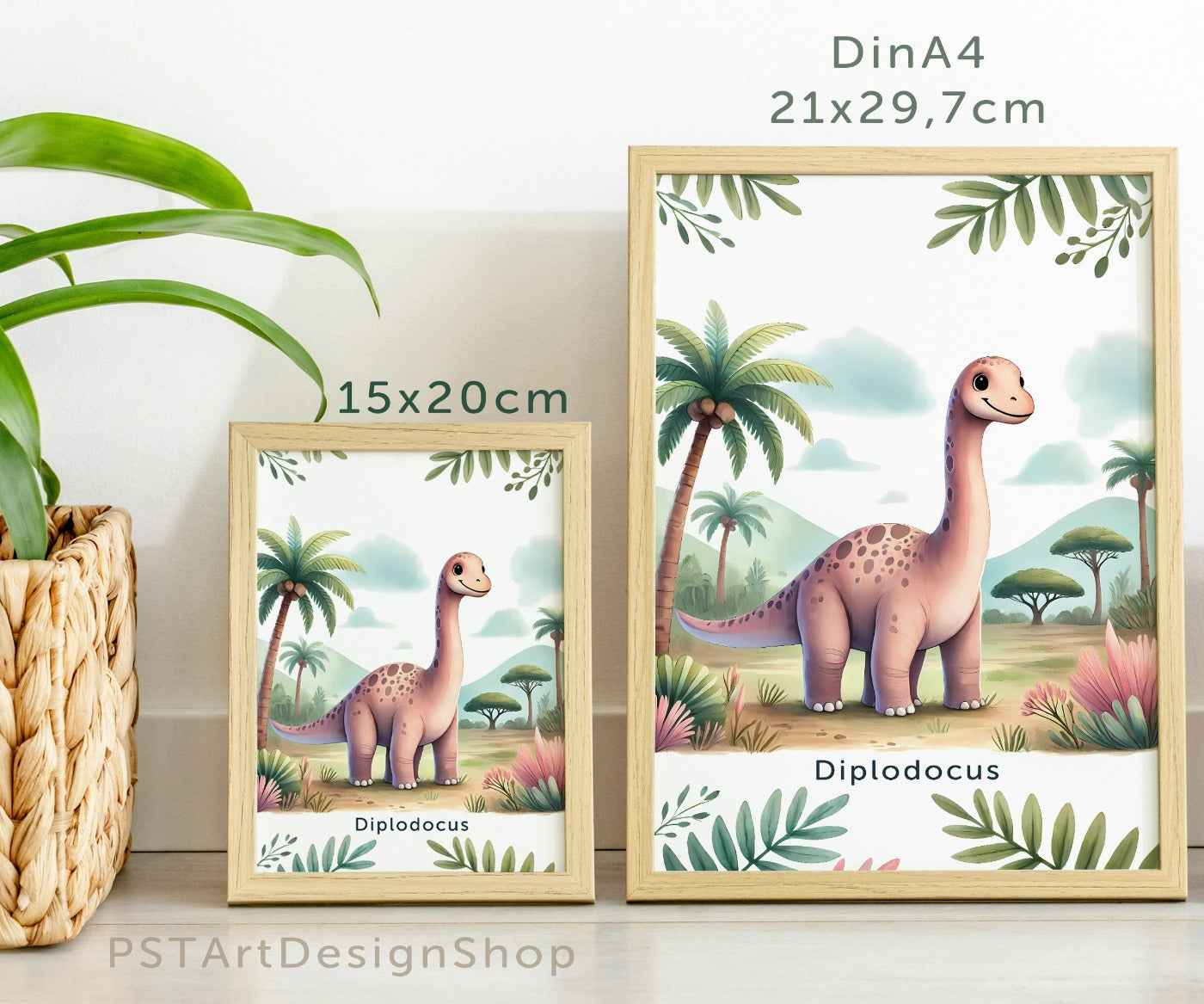 Fröhlicher Diplodocus Dinosaurier auf einem Poster für Kinderzimmer, ideal für Jungen und Mädchen, erhältlich in den Größen 15x20cm, DIN A4 und DIN A3 und 30x 40cm, perfekt als Wandkunst und Deko Bild zum aufhängen.