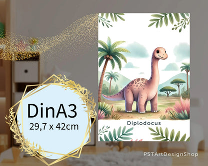 Fröhlicher Diplodocus Dinosaurier auf einem Poster für Kinderzimmer, ideal für Jungen und Mädchen, erhältlich in den Größen 15x20cm, DIN A4 und DIN A3 und 30x 40cm, perfekt als Wandkunst und Deko Bild zum aufhängen.