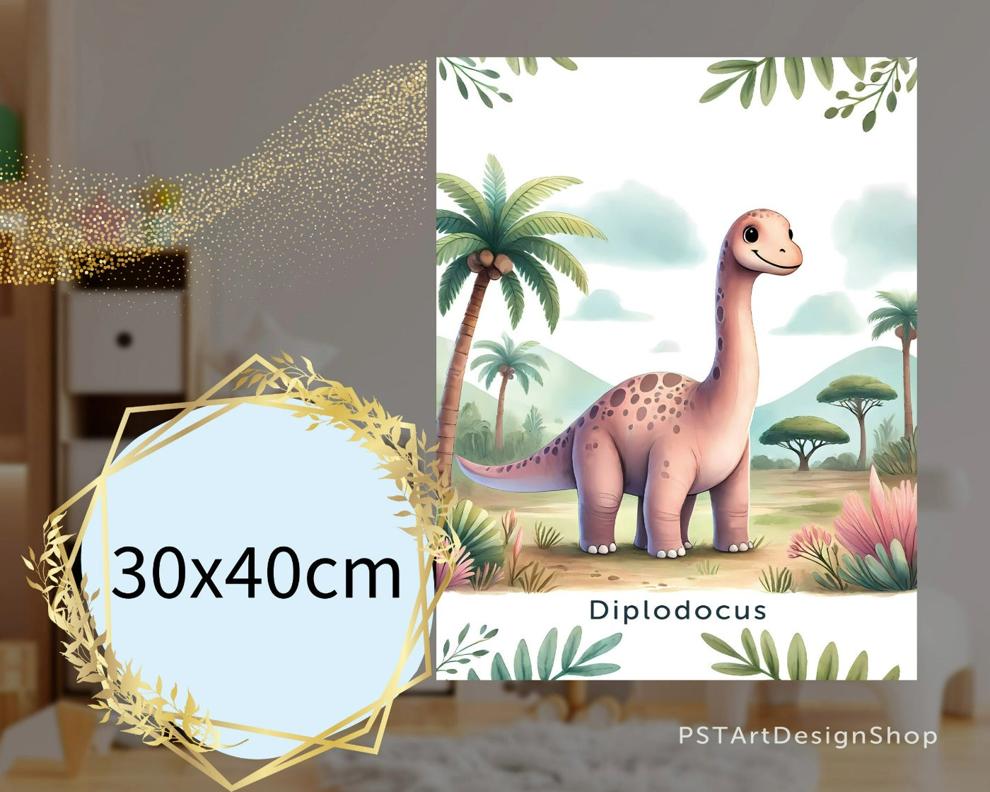 Fröhlicher Diplodocus Dinosaurier auf einem Poster für Kinderzimmer, ideal für Jungen und Mädchen, erhältlich in den Größen 15x20cm, DIN A4 und DIN A3 und 30x 40cm, perfekt als Wandkunst und Deko Bild zum aufhängen.