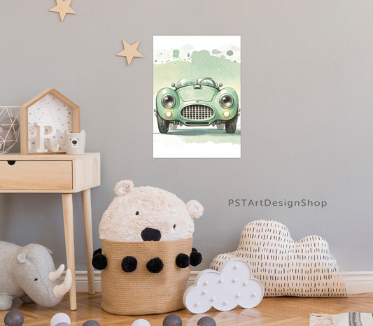 Rennsportfans: Unser Poster 'Vintage Racing Car' 
Dieses liebevoll illustrierte Bild zeigt ein nostalgisches Rennauto in einem erfrischenden Grünton, das perfekt zu jedem Kinderzimmer passt. Die detailreiche Gestaltung und die authentische Retro-Optik wecken die Fantasie und inspirieren zu aufregenden Rennabenteuern.