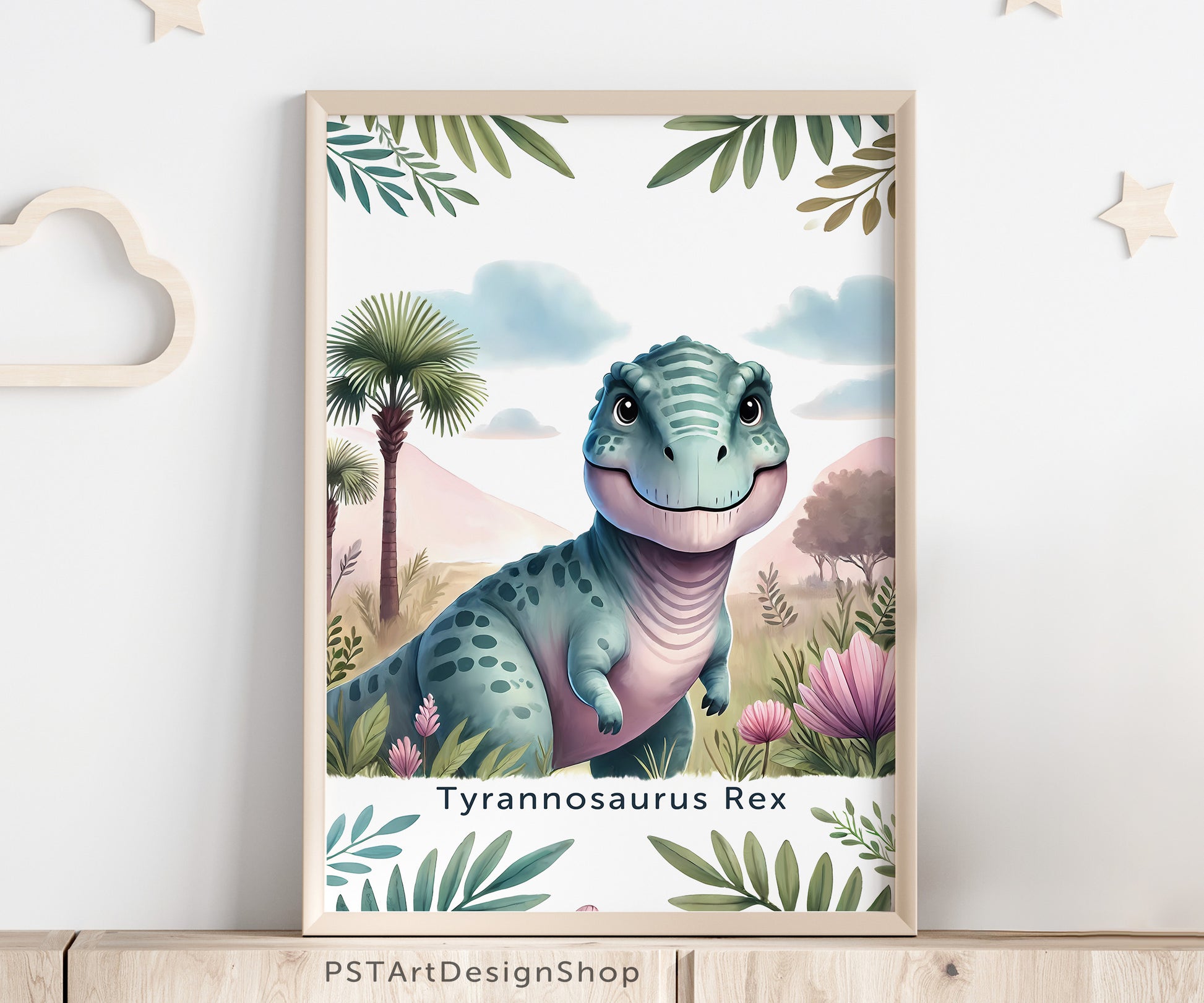 Fröhlicher Tyrannosaurus Rex Dinosaurier auf einem Poster für Kinderzimmer, ideal für Jungen und Mädchen, erhältlich in den Größen 15x20cm, DIN A4 und DIN A3 und 30x 40cm, perfekt als Wandkunst und Deko Bild zum aufhängen.