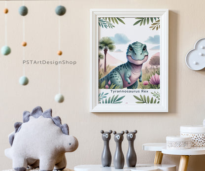 Fröhlicher Tyrannosaurus Rex Dinosaurier auf einem Poster für Kinderzimmer, ideal für Jungen und Mädchen, erhältlich in den Größen 15x20cm, DIN A4 und DIN A3 und 30x 40cm, perfekt als Wandkunst und Deko Bild zum aufhängen.