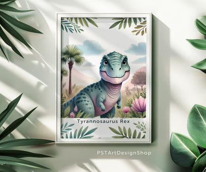 Fröhlicher Tyrannosaurus Rex Dinosaurier auf einem Poster für Kinderzimmer, ideal für Jungen und Mädchen, erhältlich in den Größen 15x20cm, DIN A4 und DIN A3 und 30x 40cm, perfekt als Wandkunst und Deko Bild zum aufhängen.