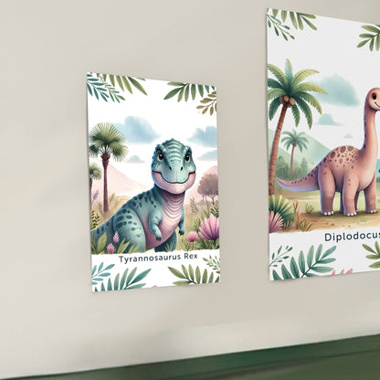 Fröhlicher Tyrannosaurus Rex Dinosaurier auf einem Poster für Kinderzimmer, ideal für Jungen und Mädchen, erhältlich in den Größen 15x20cm, DIN A4 und DIN A3 und 30x 40cm, perfekt als Wandkunst und Deko Bild zum aufhängen.