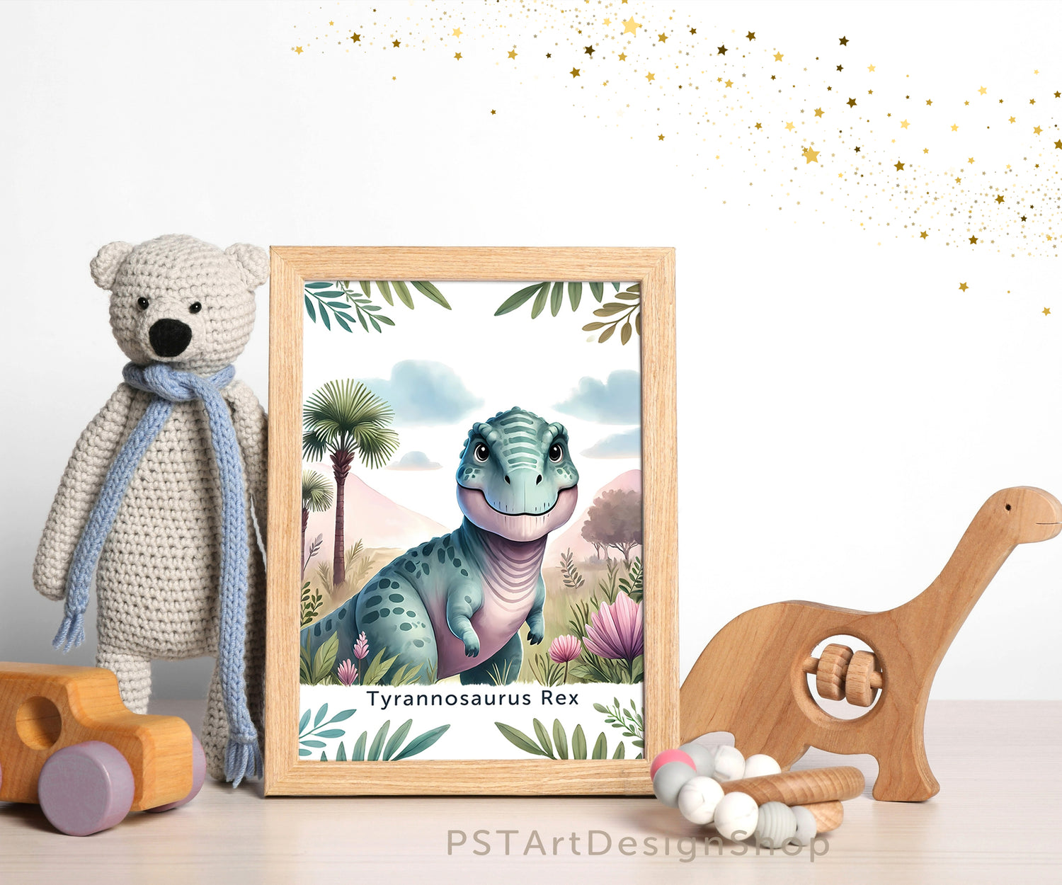 Fröhlicher Tyrannosaurus Rex Dinosaurier auf einem Poster für Kinderzimmer, ideal für Jungen und Mädchen, erhältlich in den Größen 15x20cm, DIN A4 und DIN A3 und 30x 40cm, perfekt als Wandkunst und Deko Bild zum aufhängen.