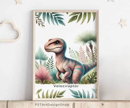 Fröhlicher Velociraptor Dinosaurier auf einem Poster für Kinderzimmer, ideal für Jungen und Mädchen, erhältlich in den Größen 15x20cm, DIN A4 und DIN A3 und 30x 40cm, perfekt als Wandkunst und Deko Bild zum aufhängen.