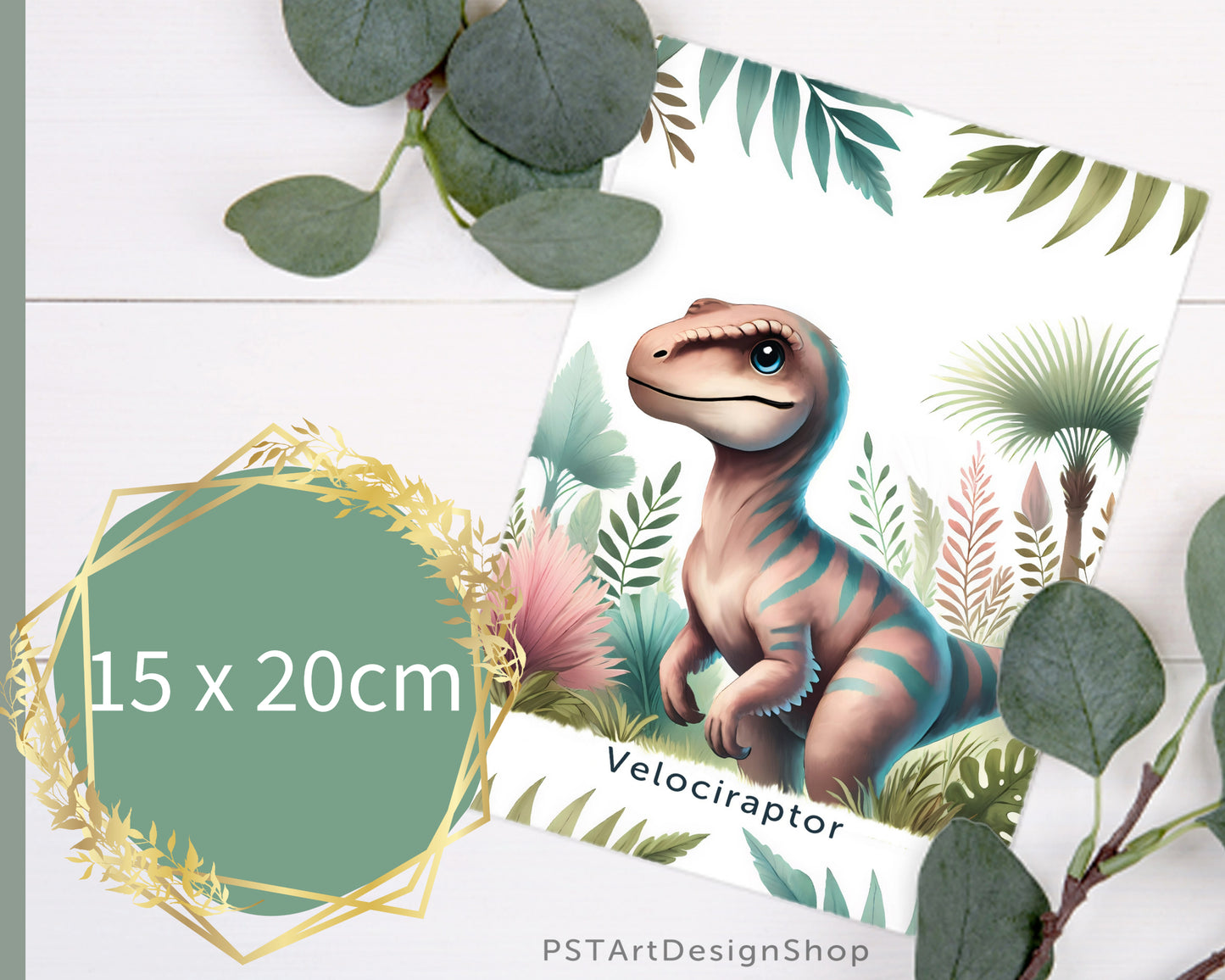 Fröhlicher Velociraptor Dinosaurier auf einem Poster für Kinderzimmer, ideal für Jungen und Mädchen, erhältlich in den Größen 15x20cm, DIN A4 und DIN A3 und 30x 40cm, perfekt als Wandkunst und Deko Bild zum aufhängen.