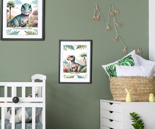 Fröhlicher Velociraptor Dinosaurier auf einem Poster für Kinderzimmer, ideal für Jungen und Mädchen, erhältlich in den Größen 15x20cm, DIN A4 und DIN A3 und 30x 40cm, perfekt als Wandkunst und Deko Bild zum aufhängen.