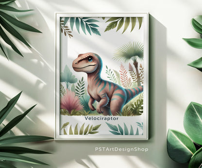 Fröhlicher Velociraptor Dinosaurier auf einem Poster für Kinderzimmer, ideal für Jungen und Mädchen, erhältlich in den Größen 15x20cm, DIN A4 und DIN A3 und 30x 40cm, perfekt als Wandkunst und Deko Bild zum aufhängen.