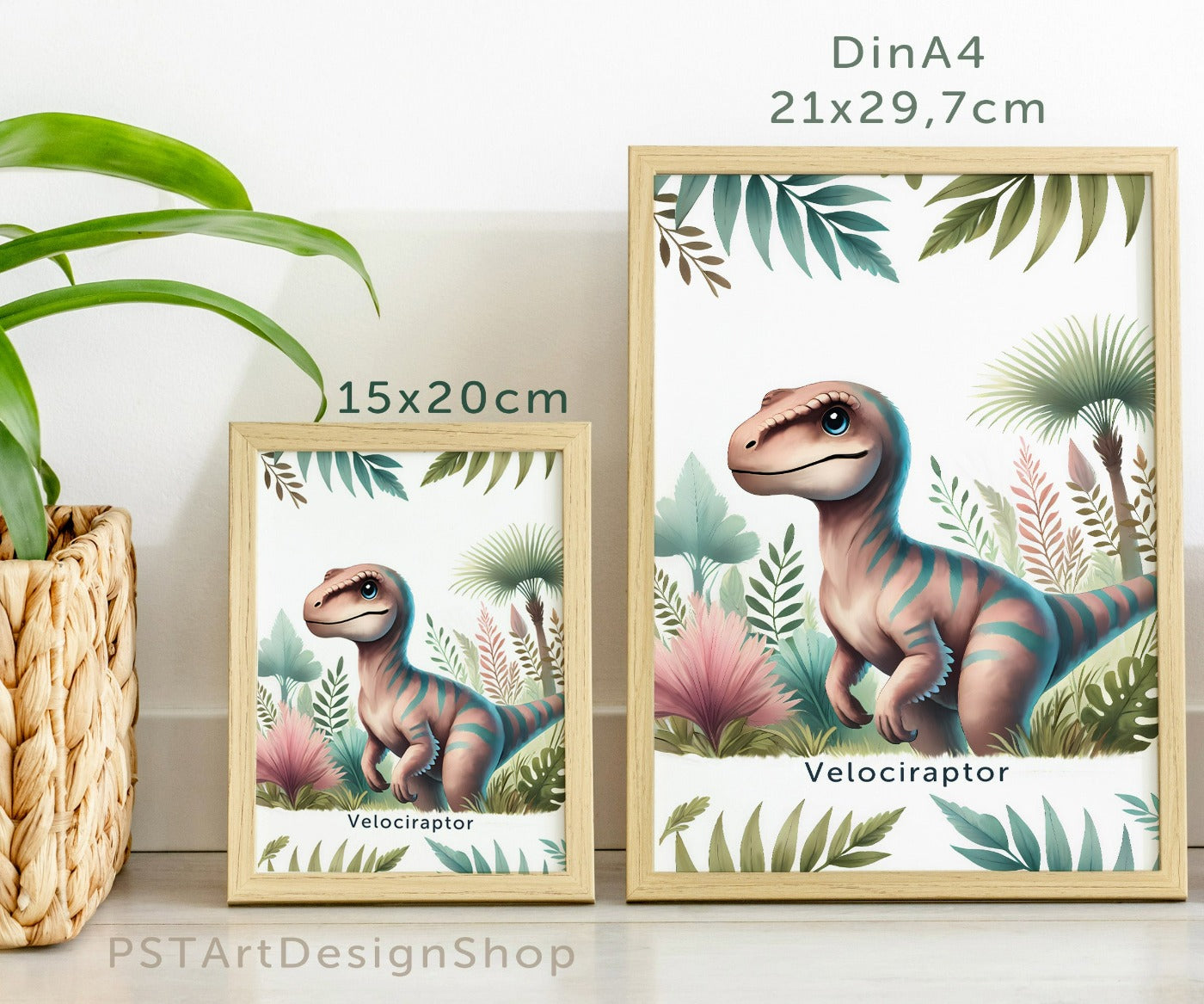 Fröhlicher Velociraptor Dinosaurier auf einem Poster für Kinderzimmer, ideal für Jungen und Mädchen, erhältlich in den Größen 15x20cm, DIN A4 und DIN A3 und 30x 40cm, perfekt als Wandkunst und Deko Bild zum aufhängen.